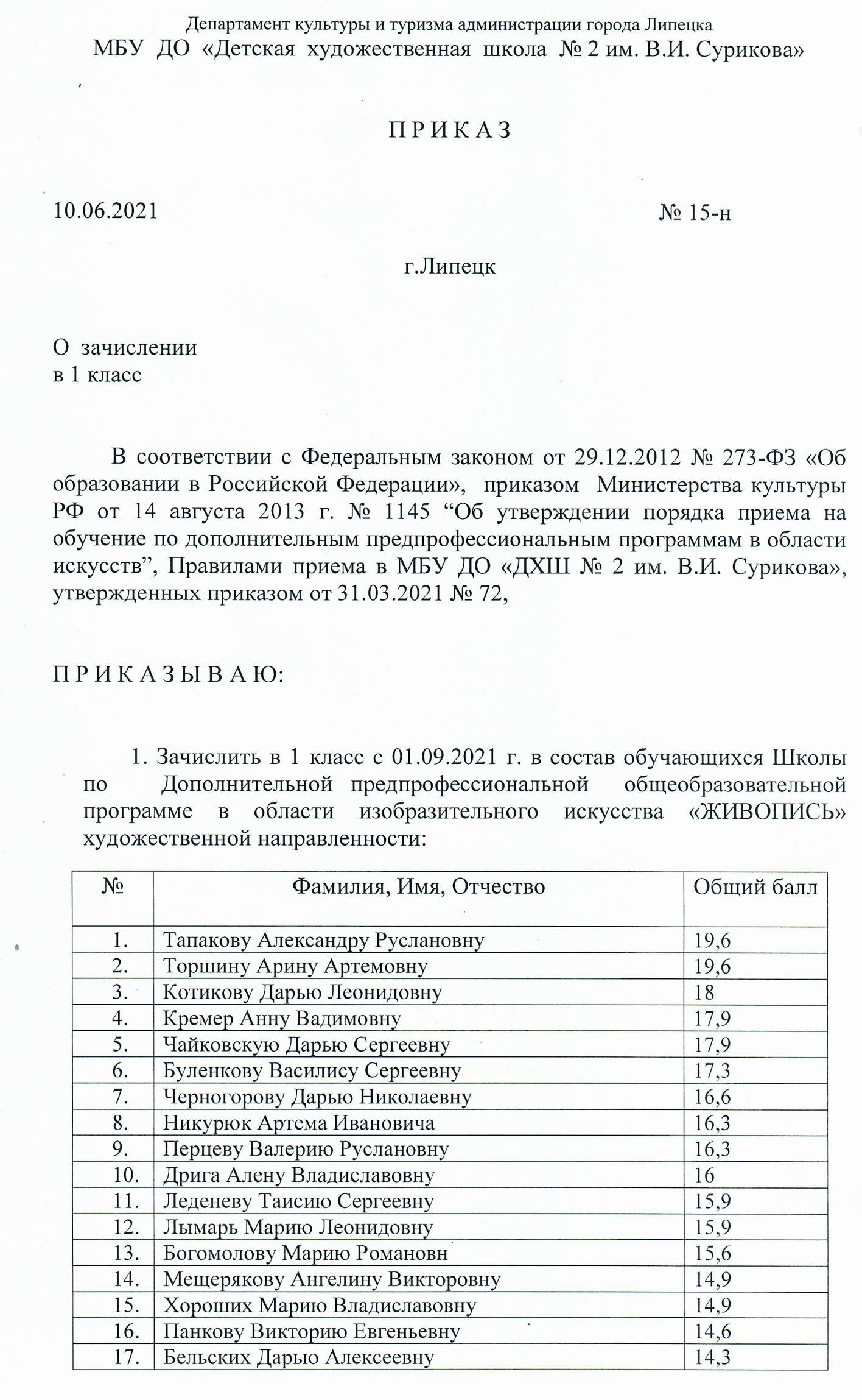 ПРИКАЗ О ЗАЧИСЛЕНИИ в 1 класс на ДПОП 